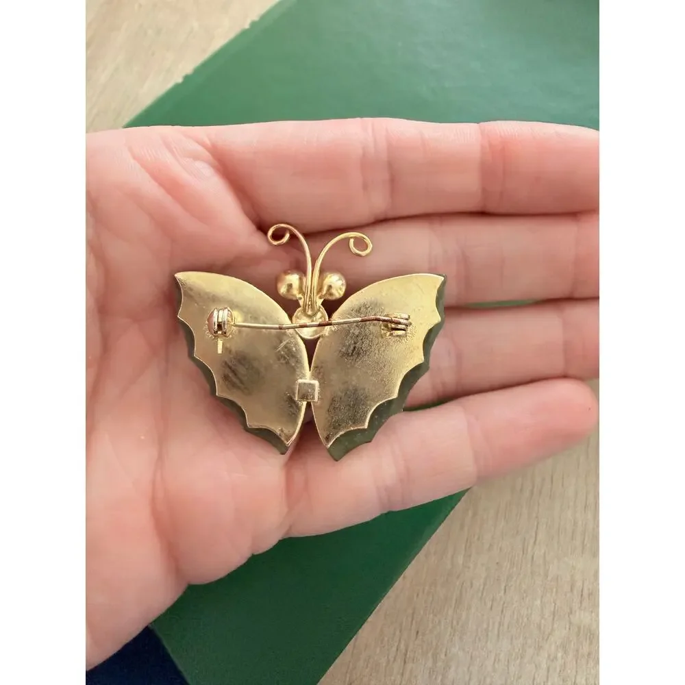 Vintage Nephrite Jade Butterfly Brooch Pendant with Red Beads & Gold Tone